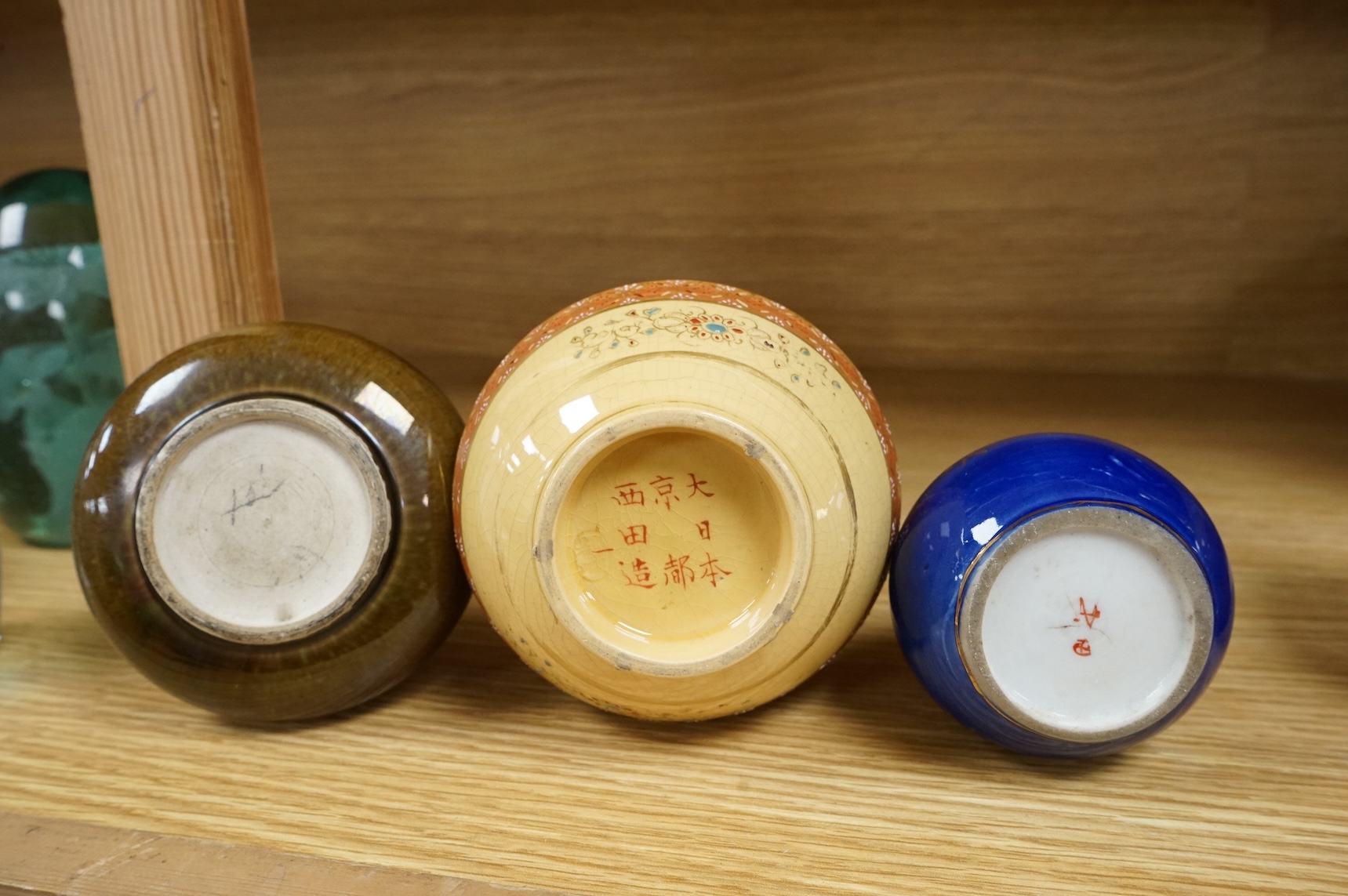 Three Japanese bottle neck vases and a Satsuma example, signed to the base, largest 25cm high